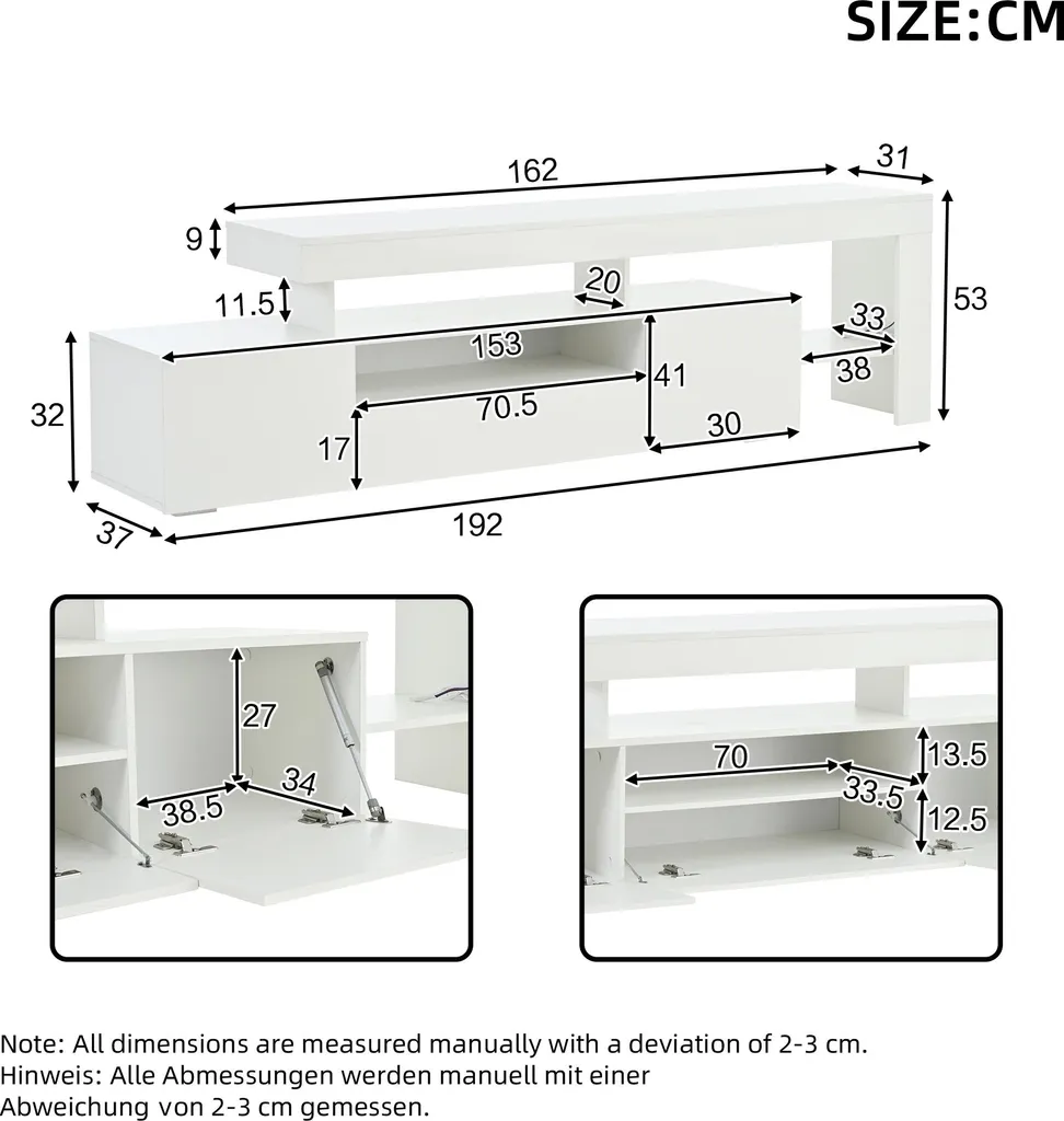 Buffet Bas TV 85 Pouces avec Éclairage LED et 3 Grands Compartiments