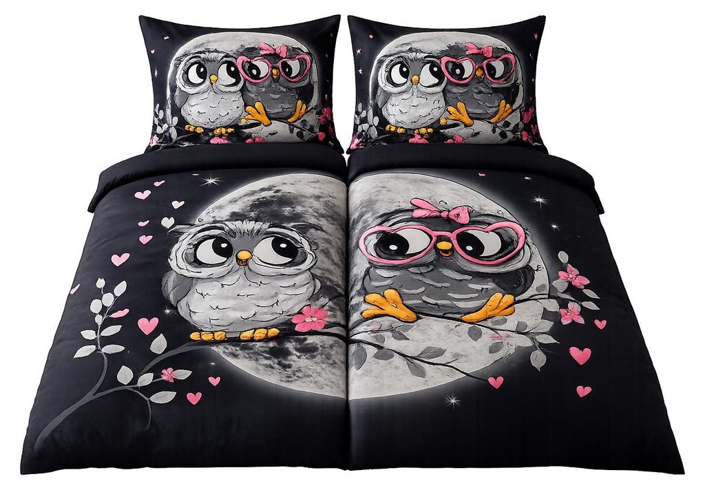 Bettwäsche Mikrofaser 135x200cm 4-tlg Set Schwarz Eulen Produktbild 