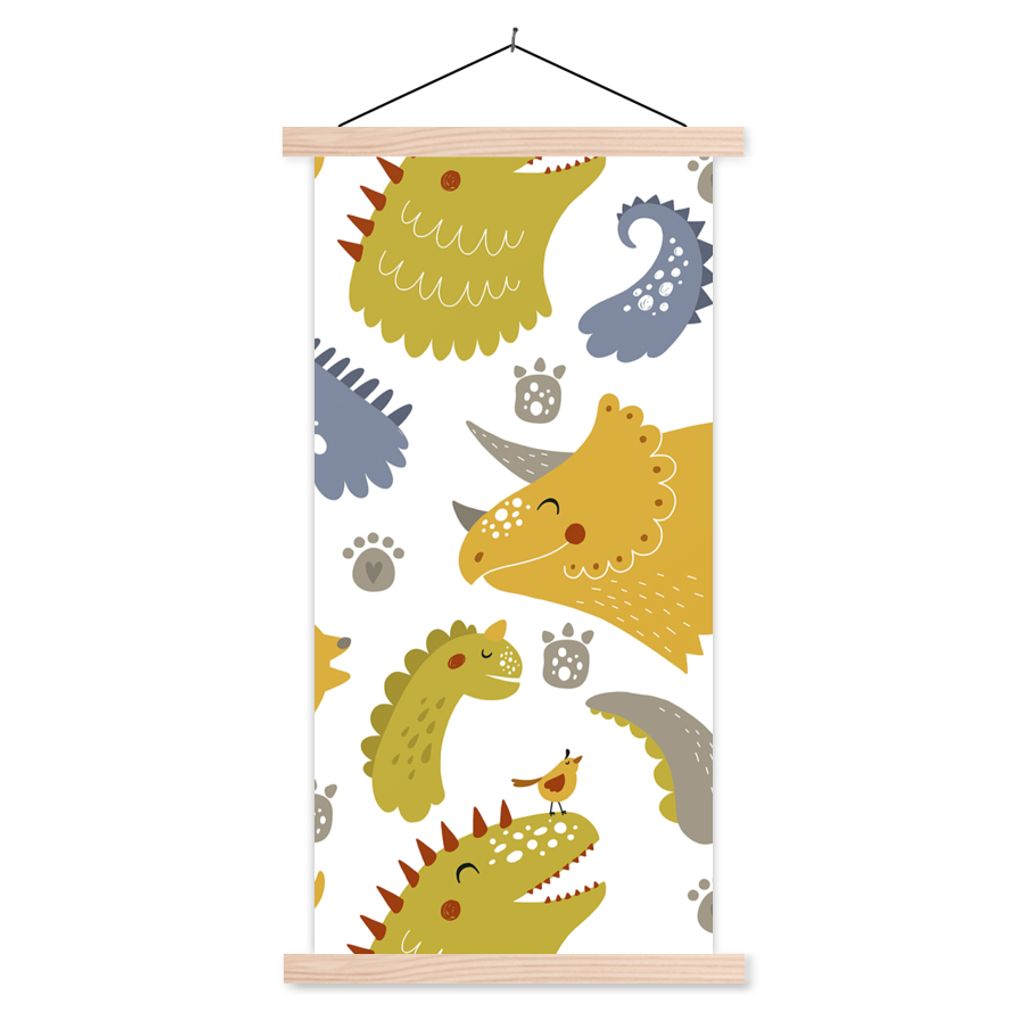 MuchoWow Textilposter Dinosaurier - Schnittmuster - Jungen - Dino - Kinder 60x120 cm mit holzfarbenen Rahmen - Holz