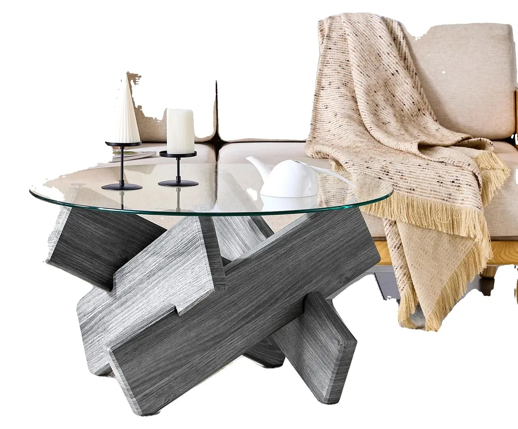 Table basse grise design pour salon moderne, plateau verre et MDF chic
