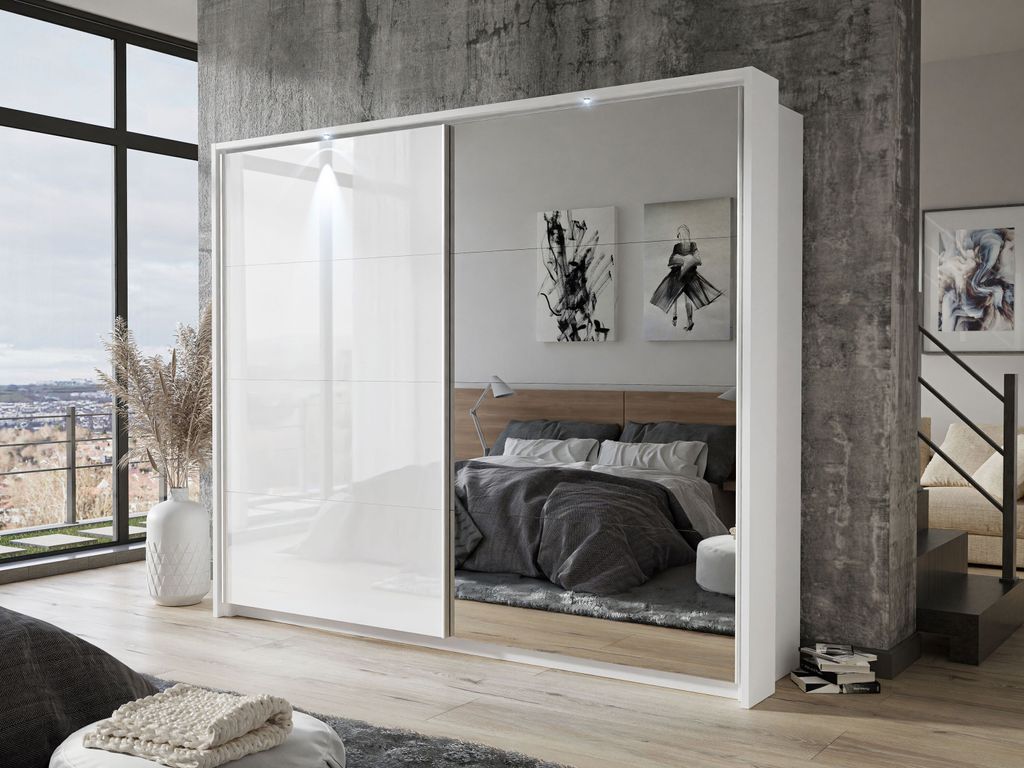 lukmebel kleiderschrank, weiß, hochglanz, mit erweiterung, 2-türig,  bimak-führungen, 254x220x65 cm