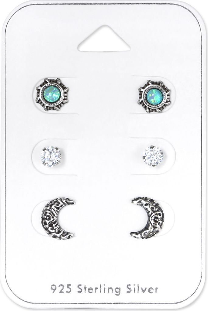 Ohrstecker Set 925 Sterling Silber Ethnischer Mond und Sonne