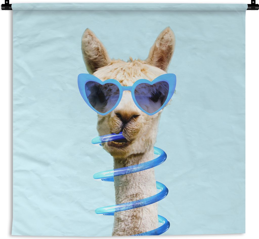 MuchoWow Wandteppich Wandbehang Lama - Sonnenbrille - Blau - Tier 150x150 cm Tapisserie Dekoration Wandtuch - Wohnaccessoires - Modernes