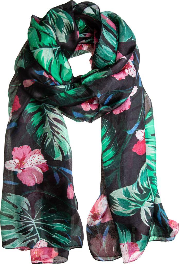 Seidenschal Halstuch Schal Chiffon schwarz rosa 180x110cm Floralprint