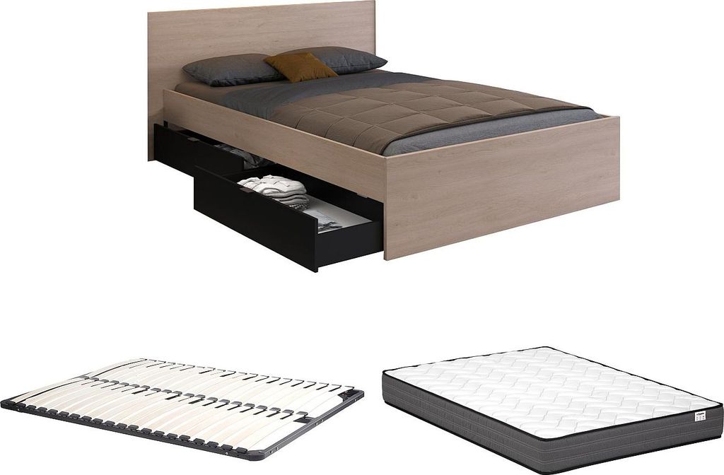Bett mit 4 Schubladen + Lattenrost + Matratze - 140 x 190 cm - Naturfarben & Schwarz - VELONA