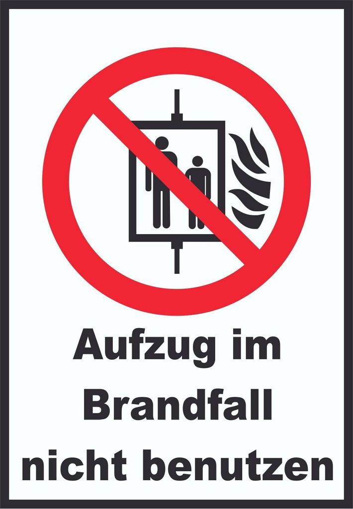Aufzug im Brandfall nicht benutzen Schild A3 Rückseite selbstklebend