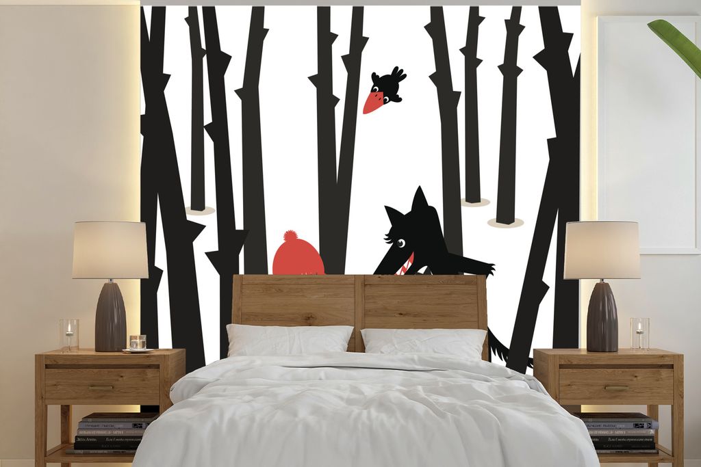 MuchoWow Fototapete für Wohnzimmer oder Schlafzimmer Wandtapete Vinyl Motivtapete Rotkäppchen - Wolf - Wald - 240x240 cm - Schlafzimmer-Tapete