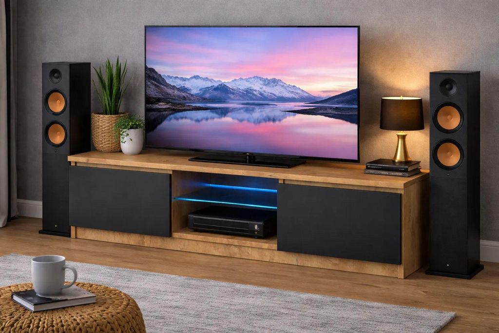 Meuble TV 120 cm, chêne LanceLot, noir, façade avec Image du produit 