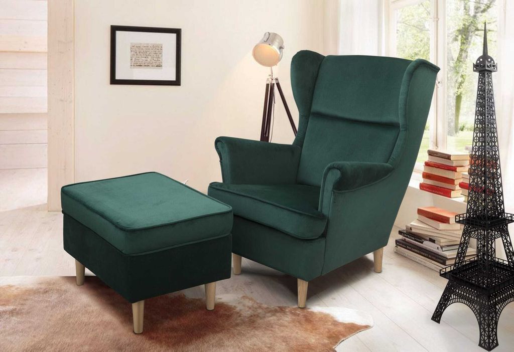 Ohrensessel Teramo mit Hocker bequemer Sessel Wohnung Relaxsessel (Kronos 19 - grün)