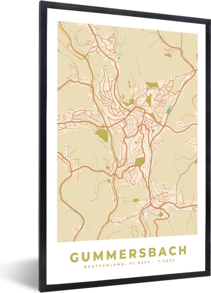 MuchoWow Gerahmtes Poster Stadtplan - Gummersbach - Stadtplan - Vintage 60x90 cm - Poster mit Schwarzem Bilderrahmen Wandposter Rahmen Foto Bilde...