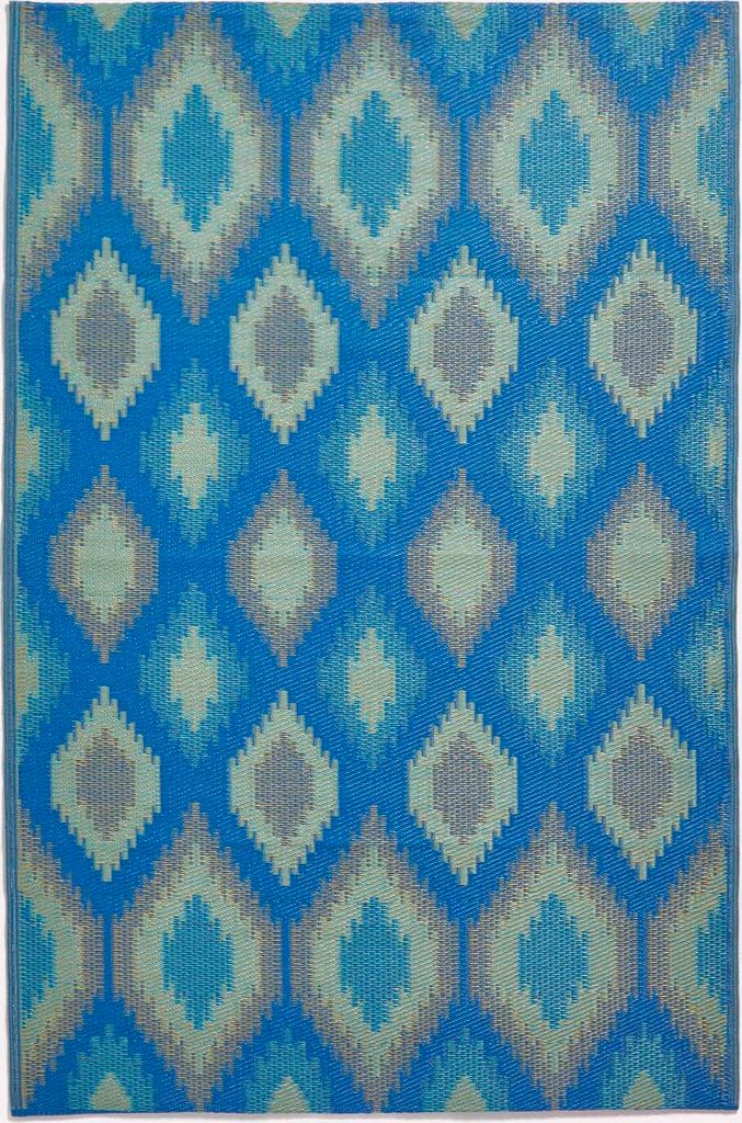 HOMESCAPES Outdoor Teppich wetterfest blau-grün 150 x 240 cm, Gartenteppich Amber wendbar mit Ethno-Muster, für Balkon, Terrasse, Küche, Flur & ...