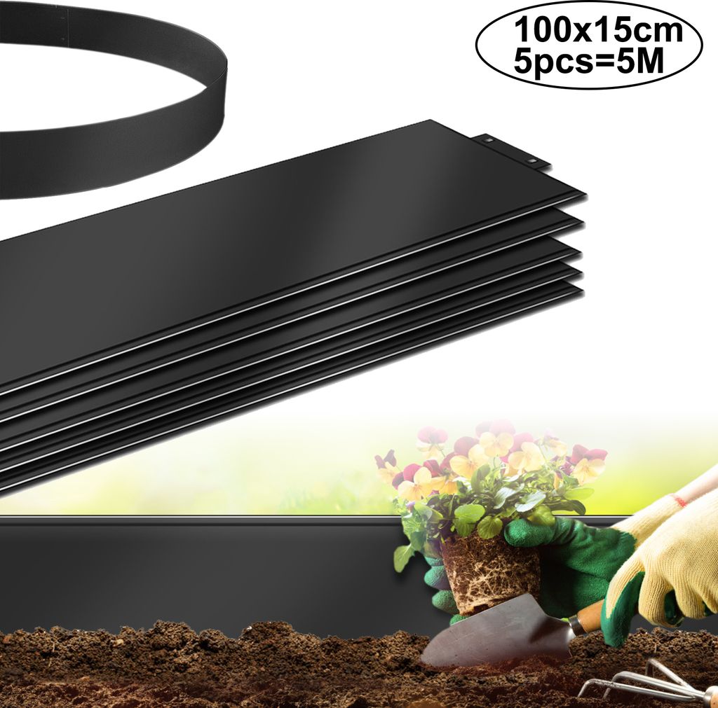 A stack of black metal garden edging pieces is shown in the foreground, with a person planting flowers in the background.