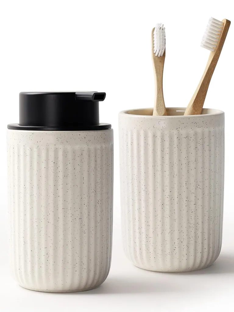Distributeur savon céramique anti-gaspillage 350ml avec rangement brosse