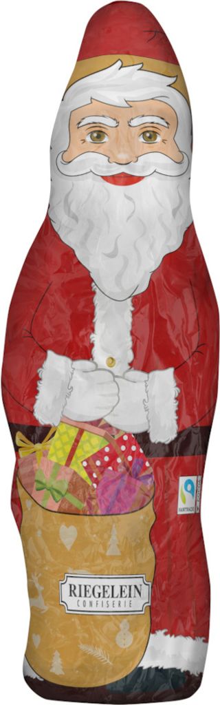 A full-body image of a chocolate Santa Claus figure holding a sack of gifts.