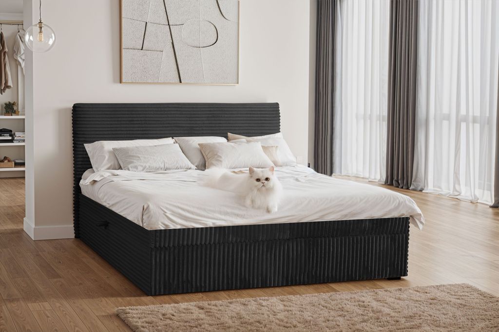 Kaiser Möbel Boxspringbett mit bettkasten und topper TRENTO, ohne Bein stoff Plüsch Cord 120x200 cm Schwarz H2-Pocket