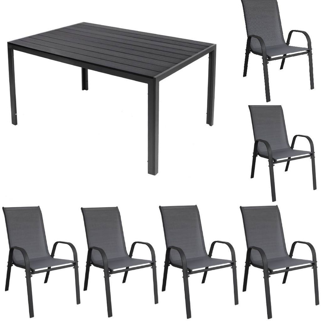 Gartenmöbel Set Alu Tisch 7-tlg. 6x Garten Stapelsessel Essgruppe Gartenset Sitzgruppe anthrazit