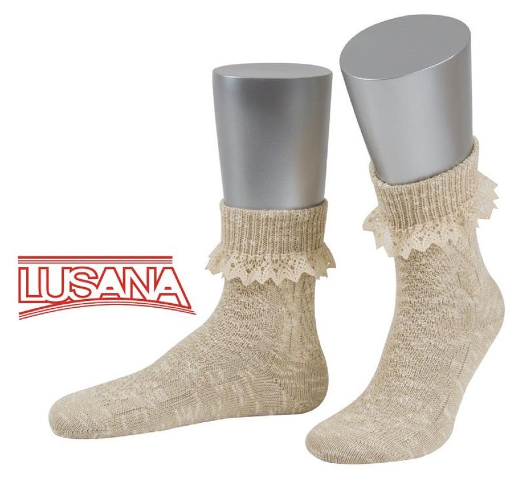 Lusana kurze Trachtensocken mit Spitze in beige