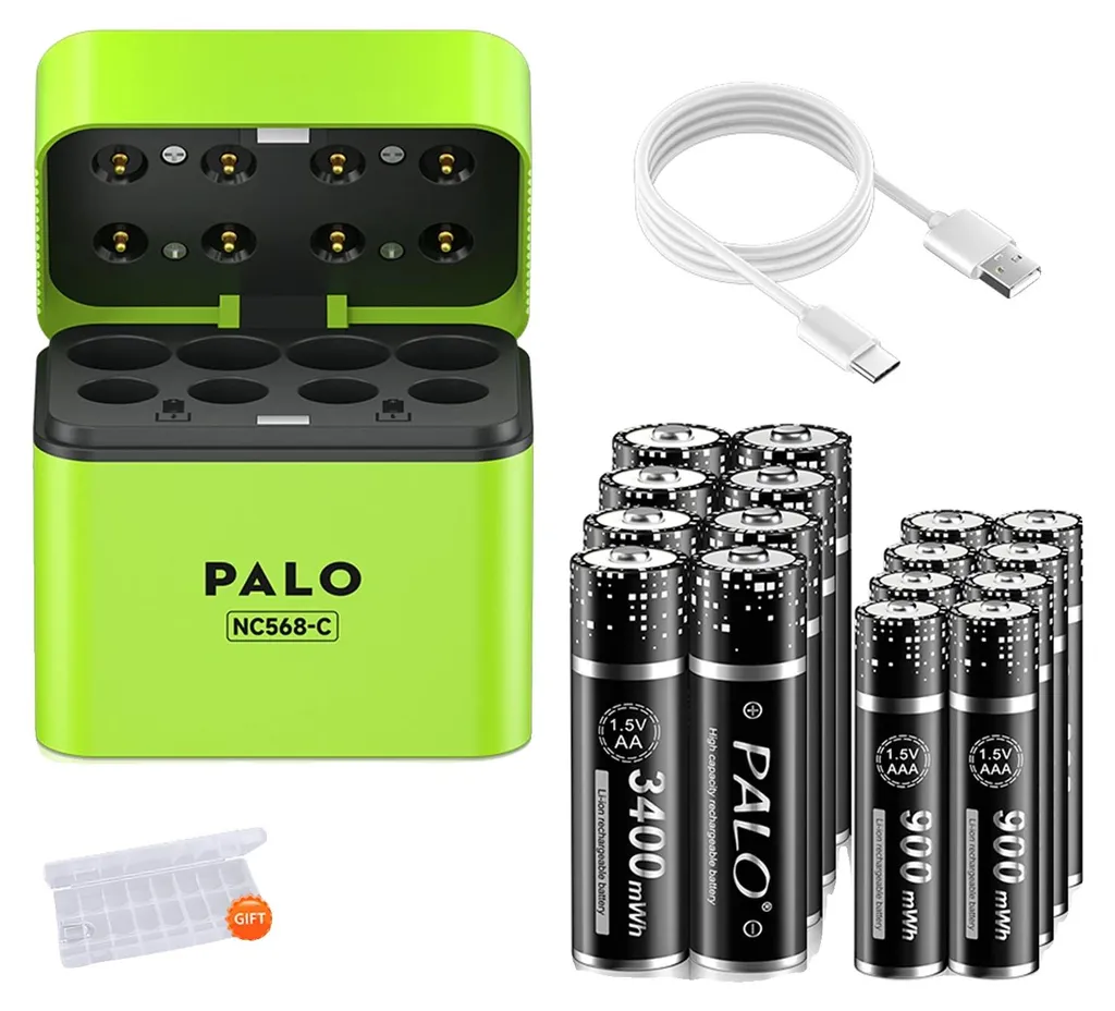 Chargeur piles rechargeables 8 slots avec 16 piles AA AAA haute capacité