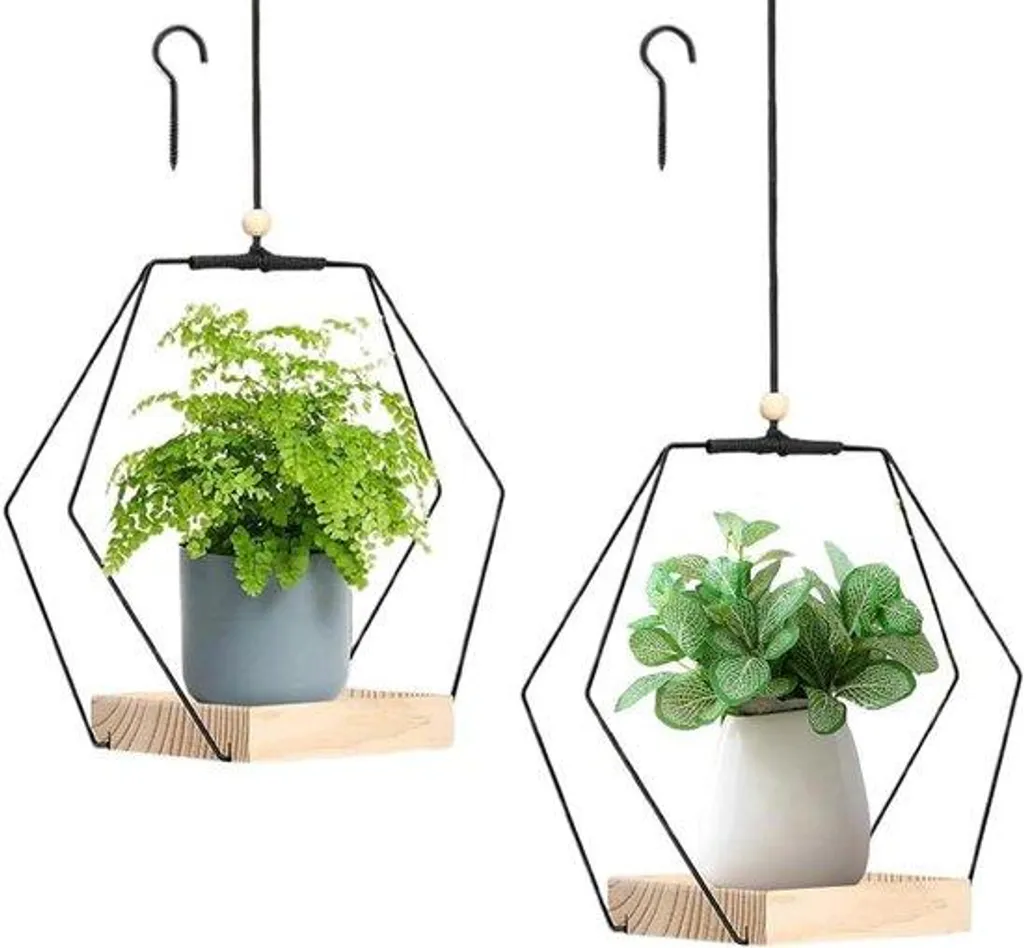 Support Plante Style Bohème avec Anneau Métallique et Socle en Bois
