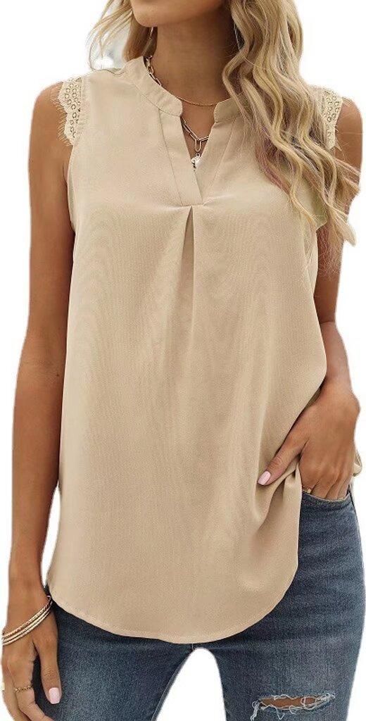 ASKSA Damen aermellose Bluse Elegant Spitzen Chiffon Tops Tunika Hemd V-Ausschnitt Sommer Casual Shirts Oberteile (Aprikose,L)