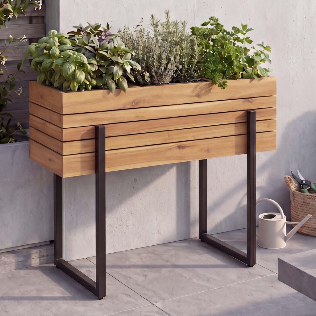 Hochbeet HWC-P85, Pflanzbeet Blumen-/Pflanzkasten Pflanzkübel, Outdoor Metall Akazie Holz 68x80x30cm hellbraun
