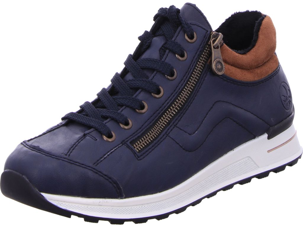A single blue high-top sneaker with a zipper and laces is shown against a white background.