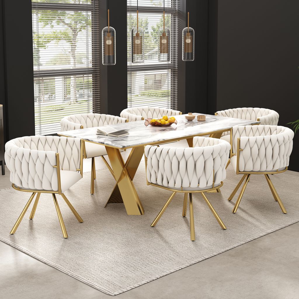 Esszimmerstuhl Gold Beige 360° drehbar 6er Polsterstuhl