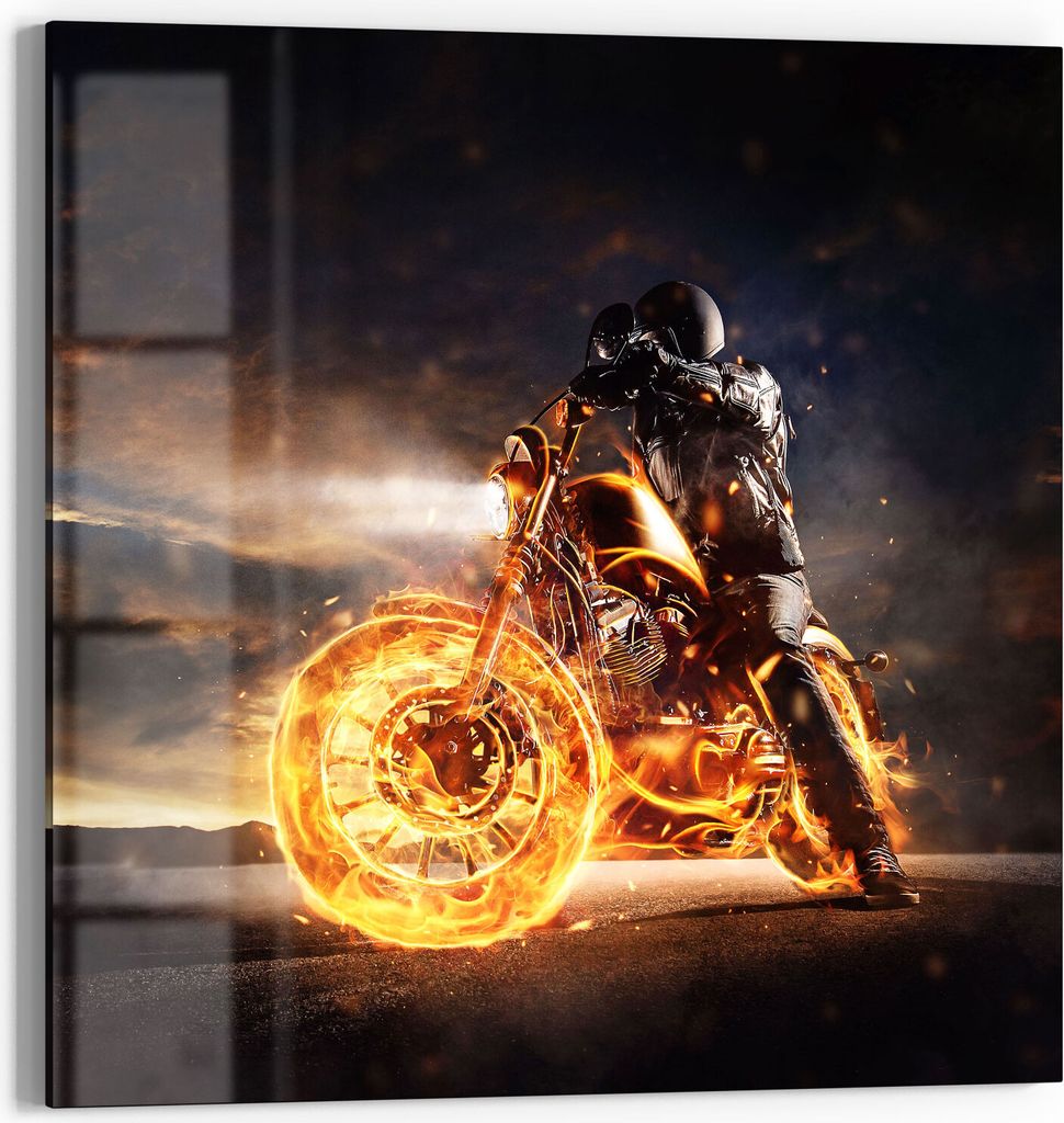 DEQORI Glasbild Echtglas 30x30 cm 'Mann auf Feuerstuhl' Wandbild Bild modern Deko