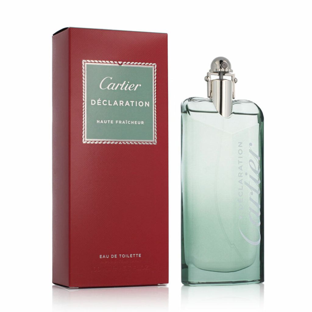 A product shot of a Cartier Declaration Haute Fraicheur Eau de Toilette spray bottle and its packaging.