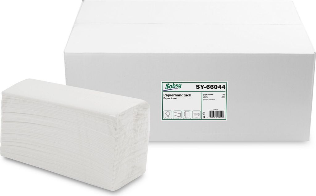 Sobsy 2880 Blatt Papierhandtücher Zellstoffmix | 22,5x30,5cm, 2-lagig C-Falz, recycling weiß