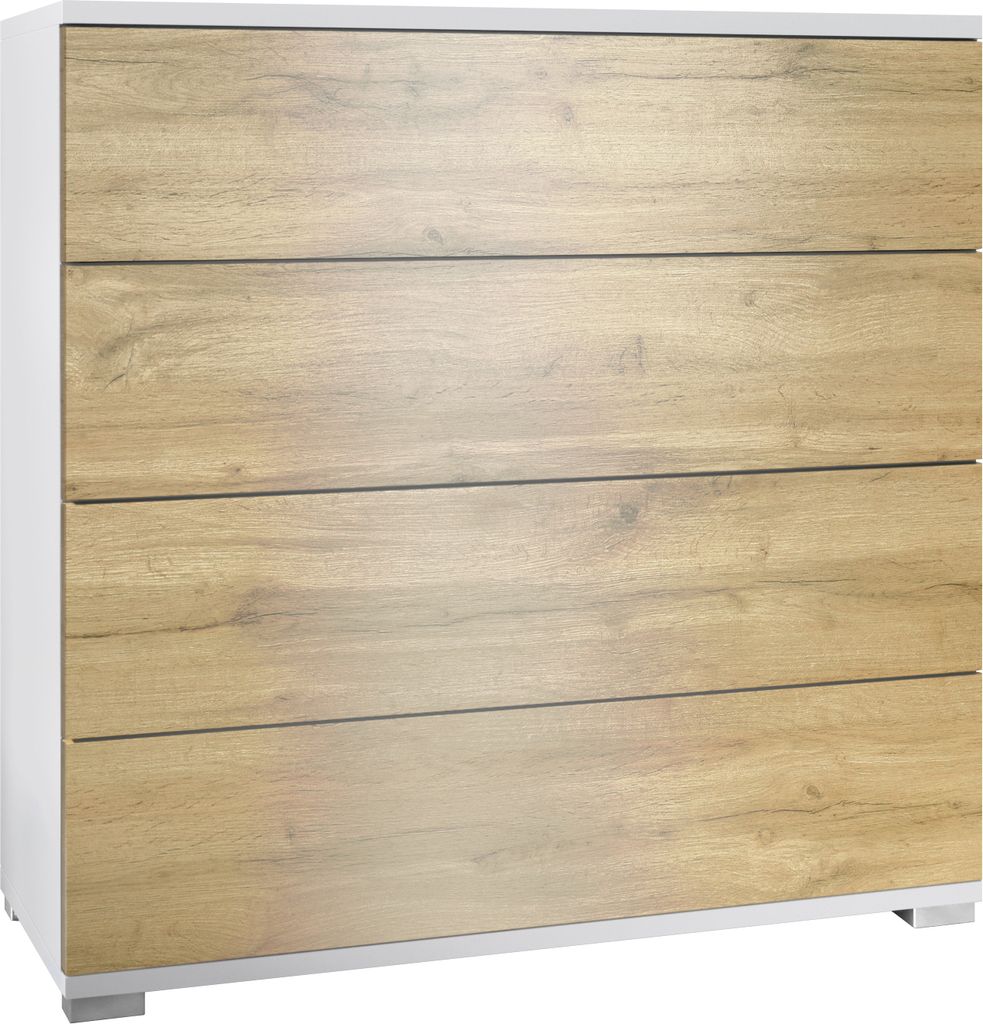 Vladon Kommode Pavos V3, Sideboard mit 4 Schubladen Weiß matt/Eiche Evoke (76 x 76 x 35 cm)