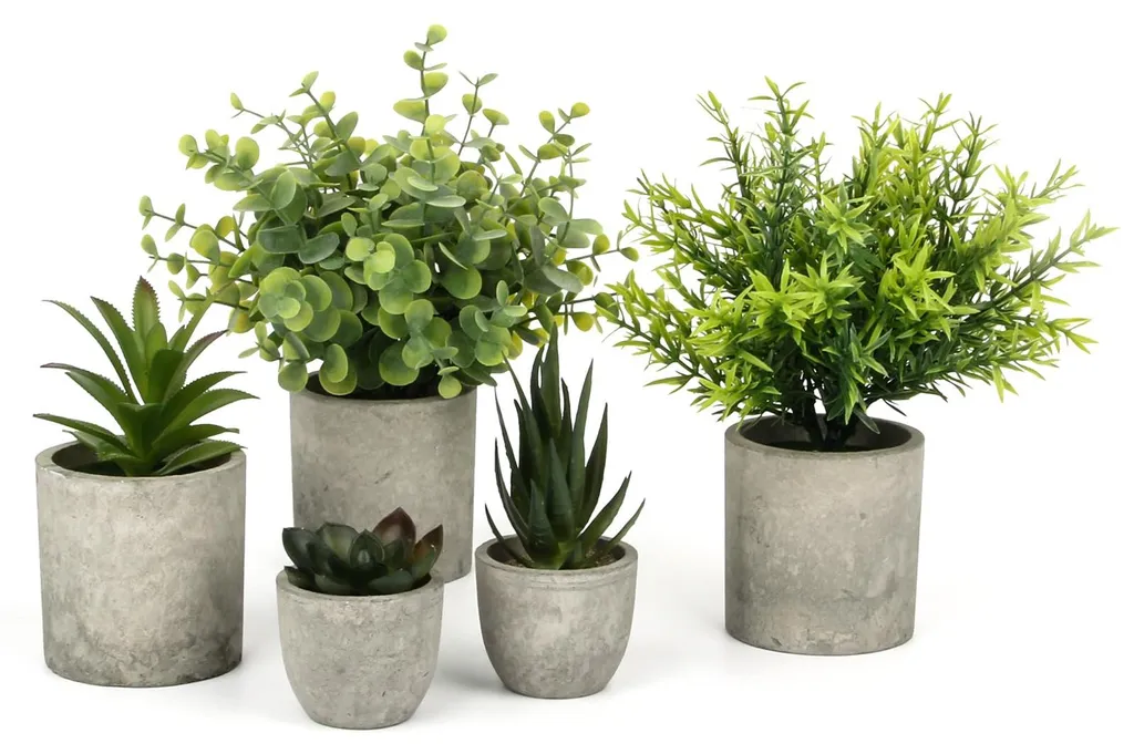 Plantes artificielles réalistes en plastique : eucalyptus et romarin