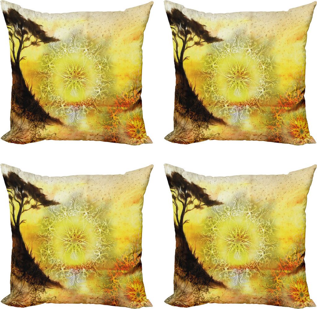 ABAKUHAUS Yellow Mandala Kissenbezug Set (4 Stück), Verträumte Landschaft, Moderner Doppelseitiger Digitaldruck, 60 cm x 60 cm, Mehrfarbig