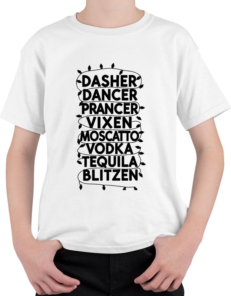 DASHER DANCER PRANCER VIXEN MOSCATTO Weihnachtsgeschenk lustig Uni Kinder T-Shirt, Weiß, 128