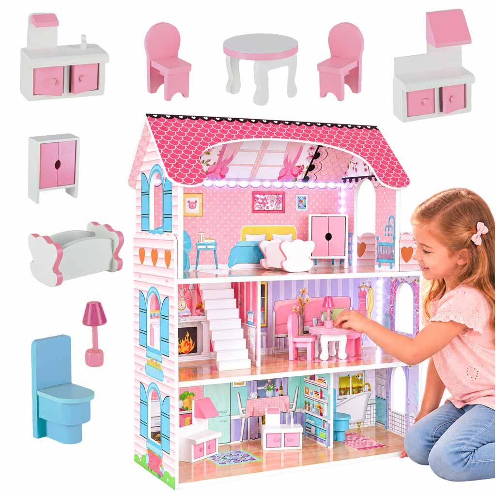 Mdf Houten Poppenhuis + Meubilair 70cm Roze Led Productafbeelding 