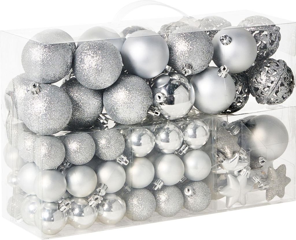 BELIANI Weihnachtskugel Set 102-teilig Silber aus Kunststoff Plastik Matt Glänzend Glitzer Traditionell Klassisch Weihnachtsdeko Weihnachtsbaumsch...
