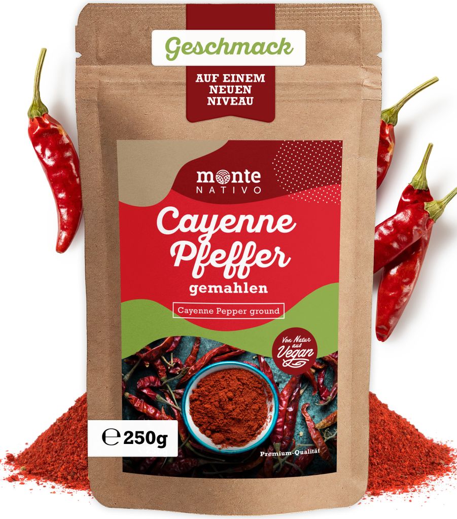 Cayenne Pfeffer gemahlen Monte Nativo (250g) - Fein gemahlener Cayennepfeffer - Scharfe Cayennepfeffer Pulver