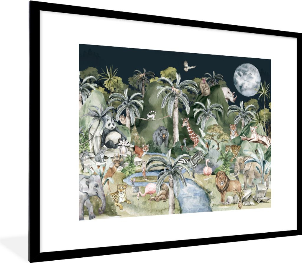 MuchoWow Gerahmtes Poster Kinder - Dschungel - Natur - Tiere - Pflanzen 80x60 cm - Poster mit Schwarzem Bilderrahmen Wandposter Rahmen Foto Bilde...