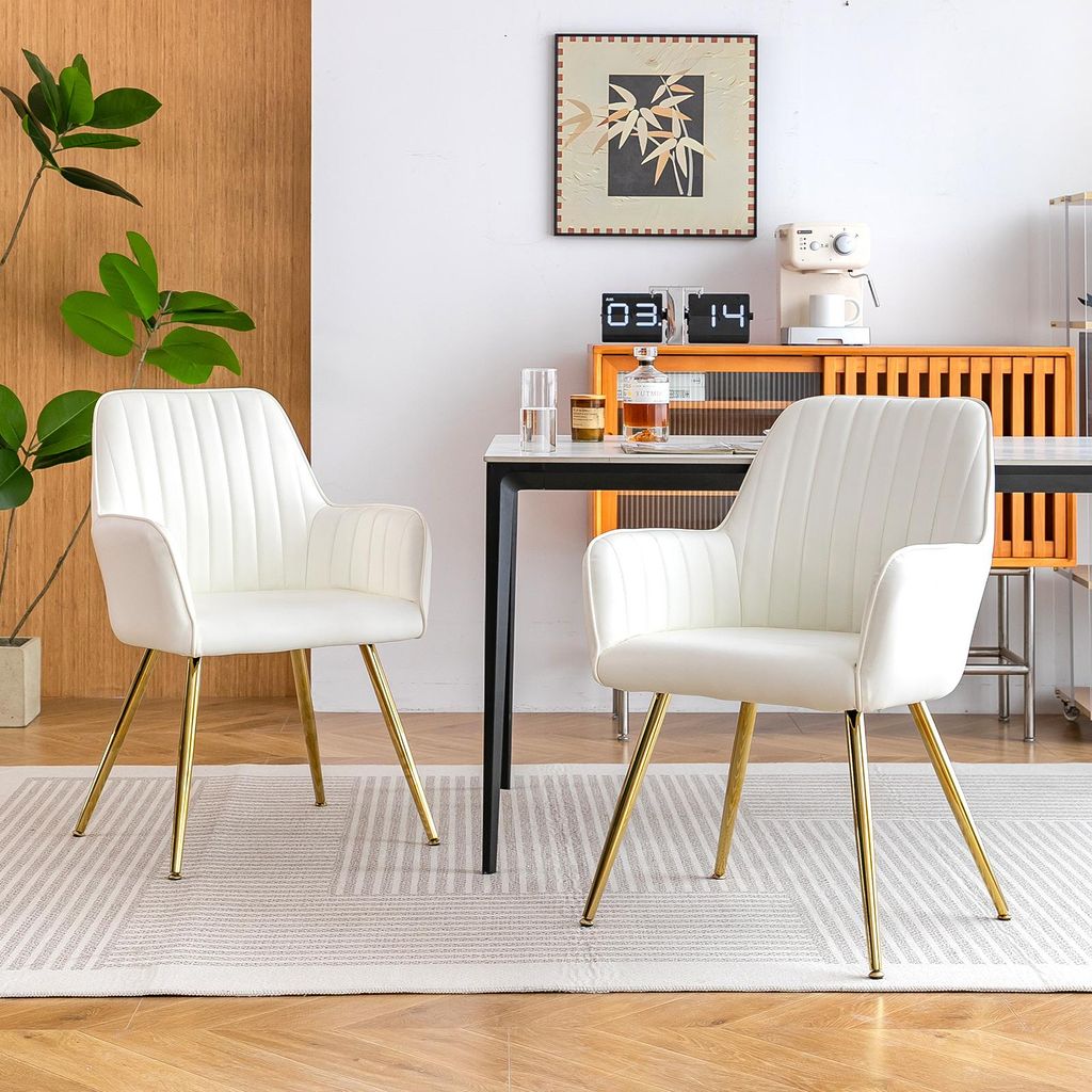okwish 2er-Set Essstuhl mit Armlehnen, Küchenstuhl schlichtes Design, Vergoldeten Metallbeinen,für Empfangsraum und Küche, Beige