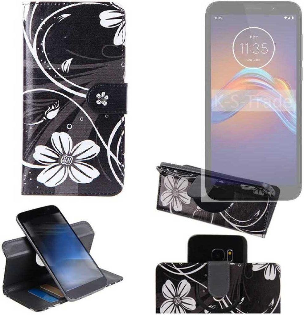 K-S-Trade Schutzhülle Handyhülle kompatibel mit Motorola Moto E6 Play Hülle 360° Wallet Case ''Flowers'' Klapphülle Hülle schwarz-weiß 1x