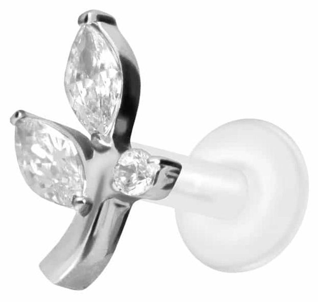 Ohrpiercing, Nasenpiercing PTFE Labret mit Innengewinde + Titan-Aufsatz KRISTALLZWEIG Silber Stablänge: 6mm | Stabstärke: 1,6mm