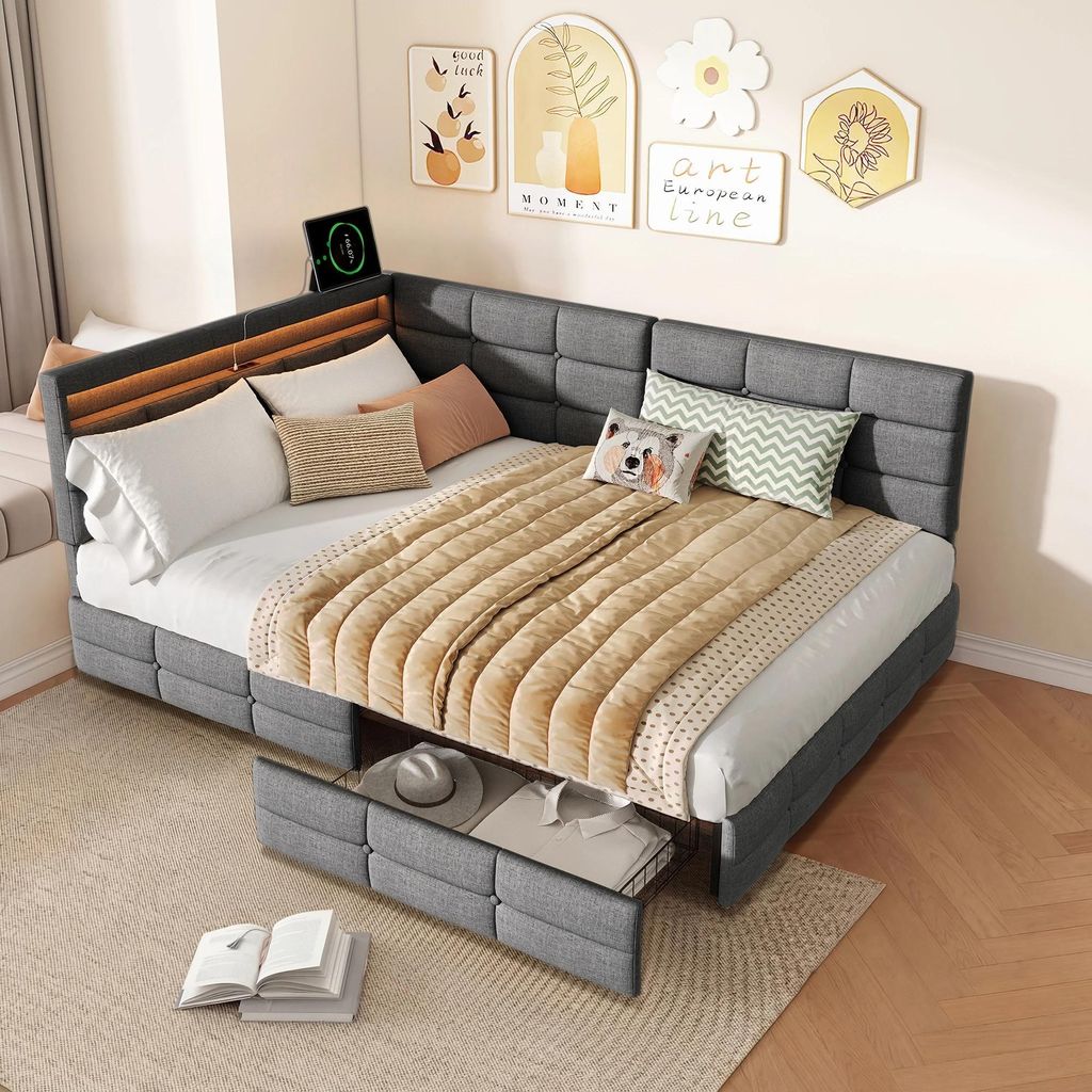 Polsterbett - Sofa Jugendbett 140x200 cm - Samtbezug - 2 Schubladen mit Stauraum - LED-Beleuchtung - USB-Ladestation - Holzgestell - Grau