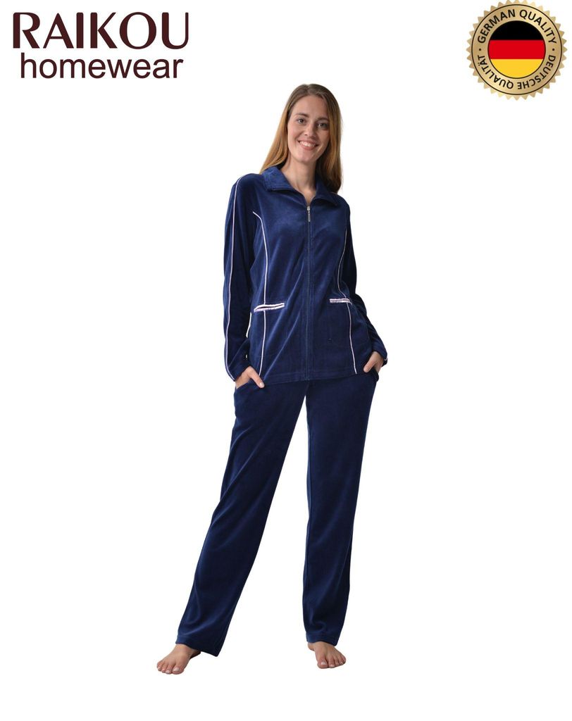 RAIKOU Damen Velours Nicki Freizeitanzug Hausanzug Nicki-Anzug mit Reißverschluss und Satinband Royal Blau 40/42 L