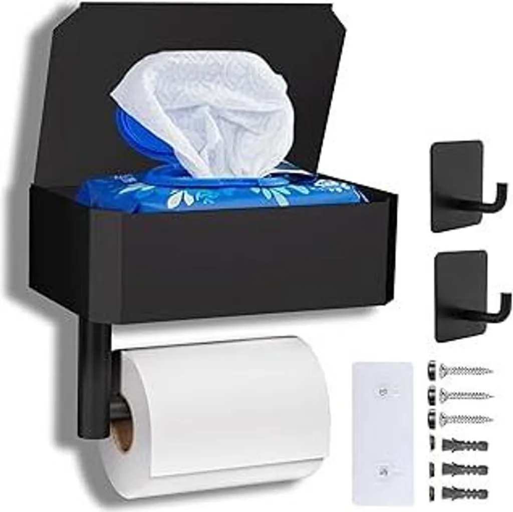 AZOMKER Portarotolo Nero con Box Salviette: Acciaio Inox Senza Fori