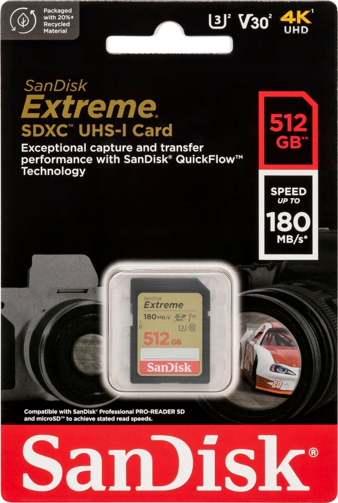 SanDisk Extreme, 512 GB, SDXC, Klasa 10, UHS-I, 180 MB/s, Zdjęcie produktu 