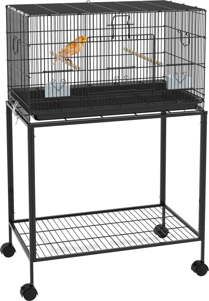 PawHut Vogelkäfig 77 x 46 x 119 cm, Metall-Vogelkäfig mit abnehmbarem Tablett, Sitzstangen, Futterspender für Kanariensittiche, Schwarz