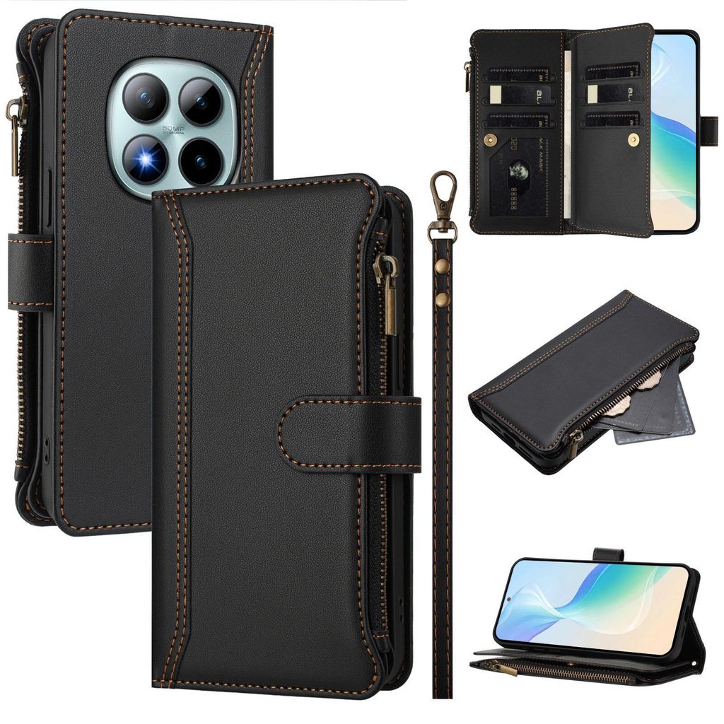 Handyhülle für Xiaomi Redmi Note 15 Pro+ Reißverschluss Geldbörse Kunstleder Klapphülle mit Kartensteckplatz, Ständer, Handschlaufe Schwarz