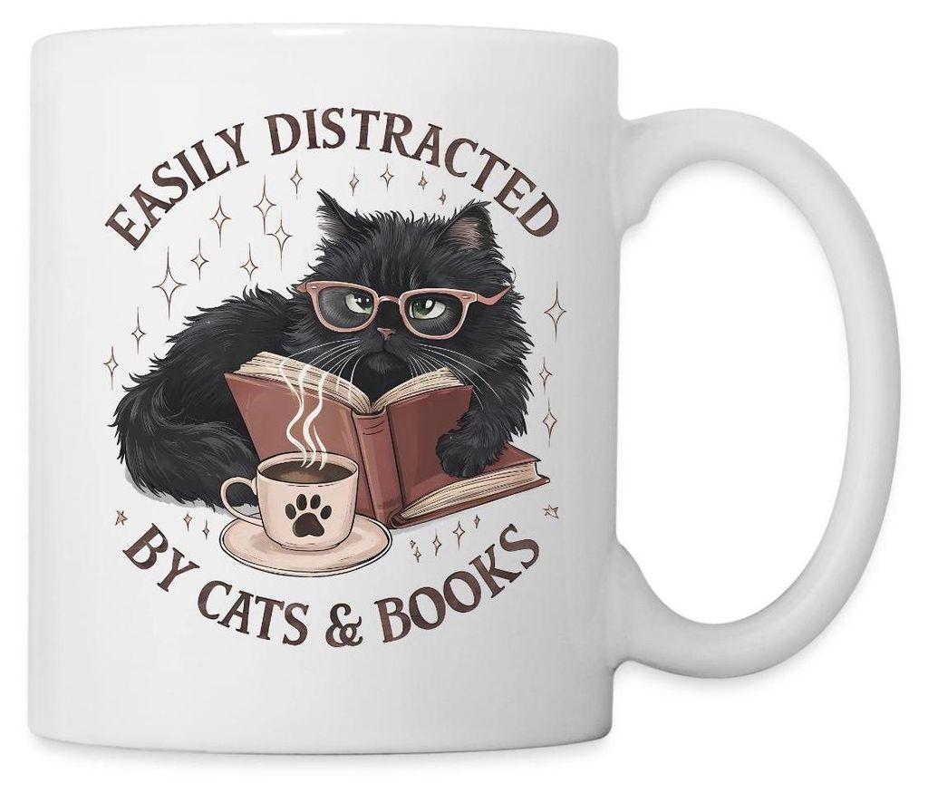Spreadshirt Easily Distracted By Cats & Books | Leseratte Katze Tasse, One size, Weiß