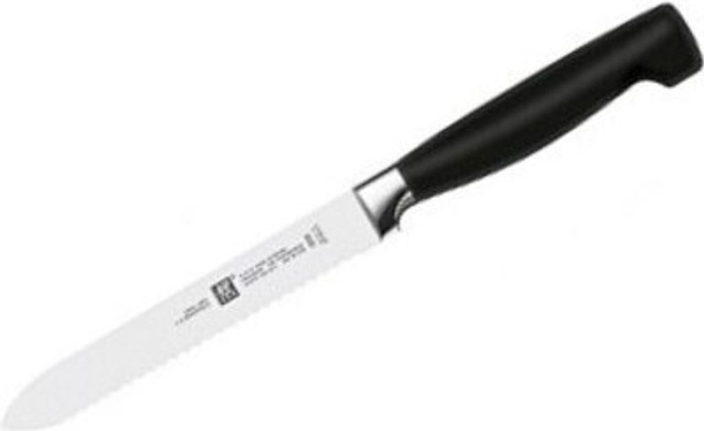 A kitchen knife with a black handle and a white blade is shown against a white background.