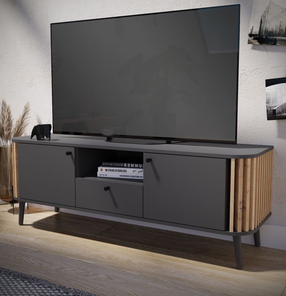 TV-Lowboard "Pretty" in grau und Artisan Eiche mit Lamellen Produktbild 